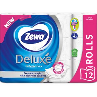 Zewa Deluxe, 12 рулонов, Туалетная бумага трехслойная, белая
