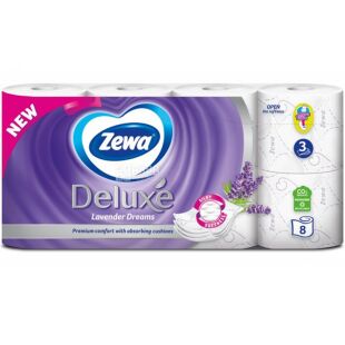 Zewa Deluxe, 8 рулонов, Туалетная бумага Лаванда, трехслойная