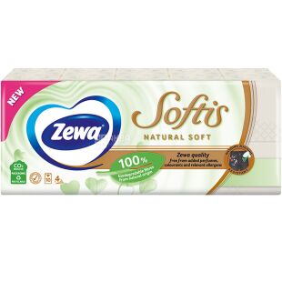 Zewa Softis Natural Soft, Упаковка 10 x 9 шт., носовые платочки Зева, четырехслойные