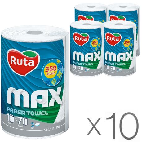 Ruta, MAX, 10 упаковок по 1 рул., Паперові рушники Рута Макс, 2-х шарові, 70 м, 350 аркушів, 15х15 см