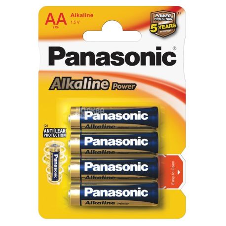 Panasonic, Alkaline power,  AA, 4 шт., 1,5 V, Батарейки щелочные, LR6