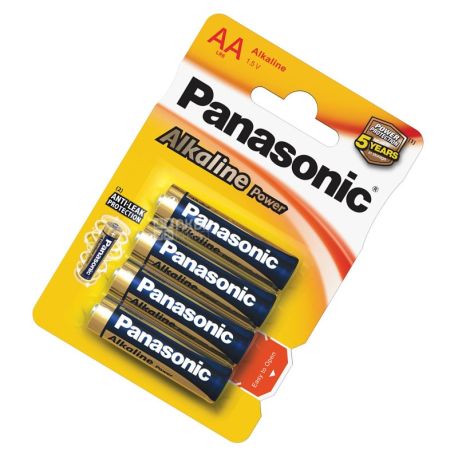 Panasonic, Alkaline power,  AA, 4 шт., 1,5 V, Батарейки щелочные, LR6