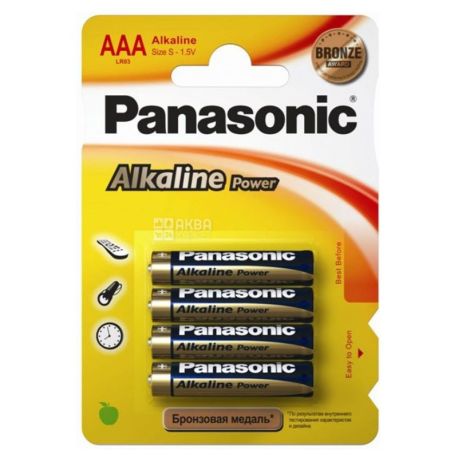 Panasonic, Alkaline power,  AАA, 4 шт., 1,5 V, Батарейки щелочные, LR03