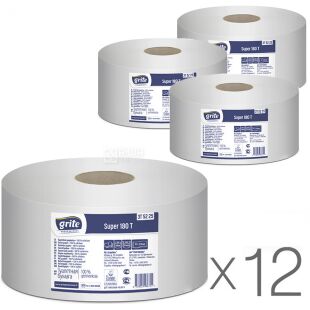 Grite Super Professional, Упаковка 12шт. х 1 рул., туалетная бумага целлюлозная Грите, двухслойная, 180 м, 571 отрыв, 97х315 мм,