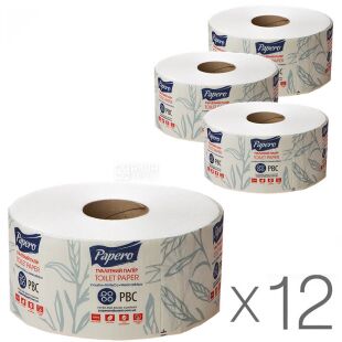 Papero, Упаковка 12 шт., х 1 рул., Туалетний папір целюлозний Паперо, двошаровий, 100 м, 800 відривів, 95х125 мм, на втулці.