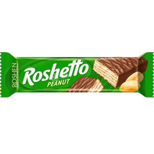Roshen Roshetto Peanut, 34г, Рошен Рошетто, Шоколадно-вафельный батончик с арахисом