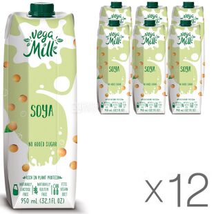 Vega Milk, Упаковка 12 шт. х 950 мл, Соєвий напій, без цукру, 1,9%