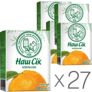 Наш сік, Упаковка 27 шт. х 0,2 л, Нектар апельсиновий, з трубочкою