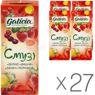Galicia, Упаковка 27 шт. х 200 мл, Смузі Яблуко-вишня-банан-полуниця, без цукру