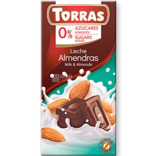 Torras Leche Almendras, 75 г, Торрас, Молочний шоколад з мигдалем, без цукру