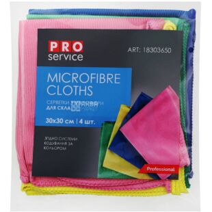 PRO service, 4 шт., Серветки для скла з мікрофібри ПРО сервіс, 300 х 300 мм, в асортименті