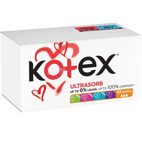 Kotex, Normal, 32 шт., Гигиенические тампоны, без аппликатора, 3 капли
