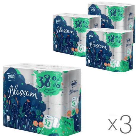 Grite Blossom, 32 rolls, 3 Pack, Grite Blossom, Toilet paper, 3 layers
