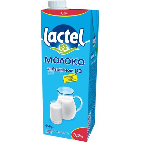 Lactel, 0.95 л, Молоко Лактель із вітаміном D, 3,2%