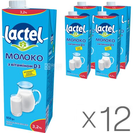 Lactel, Упаковка 12 шт. по 0.95 л, Молоко ультрапастеризоване, з вітаміном D, 3,2%
