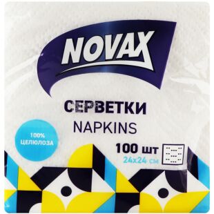 Novax, 100 шт., Серветки паперові Новакс, однослойні, білі, 24х24 см