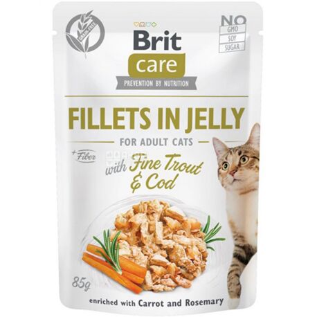 Brit Care, 85 г, Влажный корм для котов с треской и форелью в желе