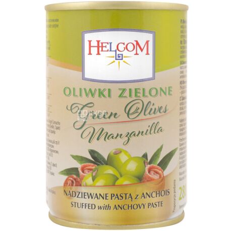 Helcom, 280 г, Оливки фаршированные пастой с анчоусами, ж/б