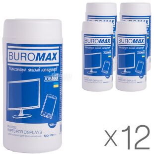 Buromax, Упаковка 12 шт. х 100 шт., Салфетки для экранов и оптики Буромакс