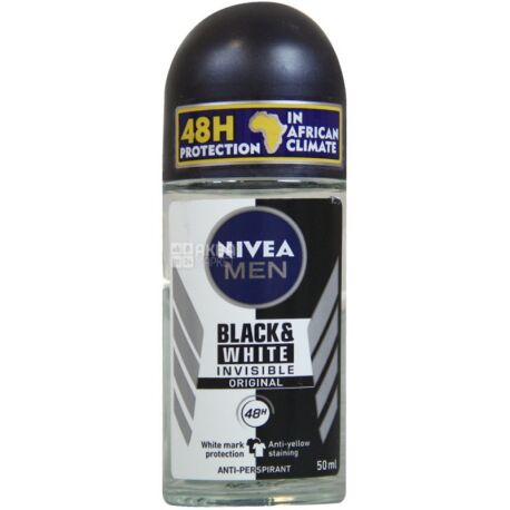 Nivea, 50 ml, deodorant for men, roll-on antiperspirant, Invisible protection for black and white