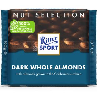 Ritter Sport Dark Whole Almond, 100 г, Ритер Спорт, Темный шоколад с цельными миндальными орехами