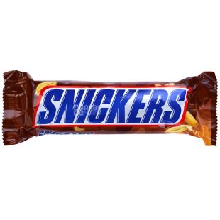 Snickers, 50 г, Сникерс, Батончик с жареным арахисом, карамелью и нугой, покрытый молочным шоколадом