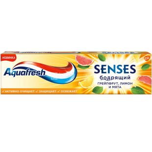 Aquafresh Senses, 75 мл, Зубная паста с фтором, Бодрящий грейпфрут, лимон и мята