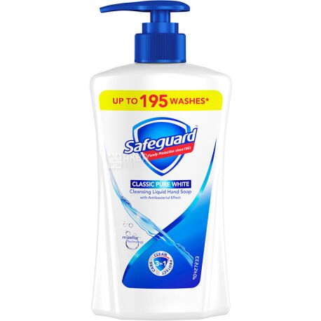 Safeguard, 390 мл, Жидкое мыло для рук Сейфгард, Классическое ослепительно белое, антибактериальное, с дозатором