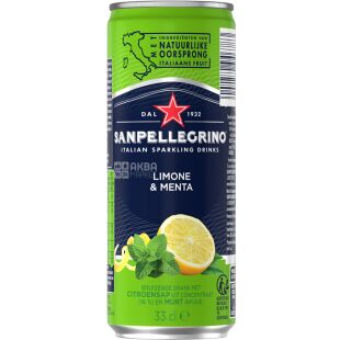 San Pellegrino Limone & Menta, 0,3 л, Напій газований соковмісний Італійське мохіто Сан Пелегріно, ж/б