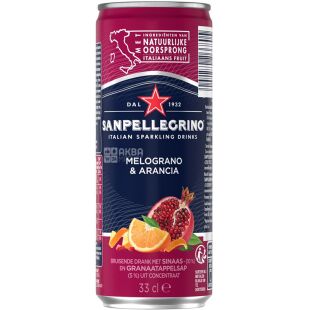 San Pellegrino Melograno & Arancia, 0,33 л, Напиток газированный сокосодержащий Гранат и Апельсин Сан Пелегрино, ж/б