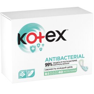 Kotex Antibacterial, 40 шт., Прокладки ежедневные, антибактериальные, 1,5 капли