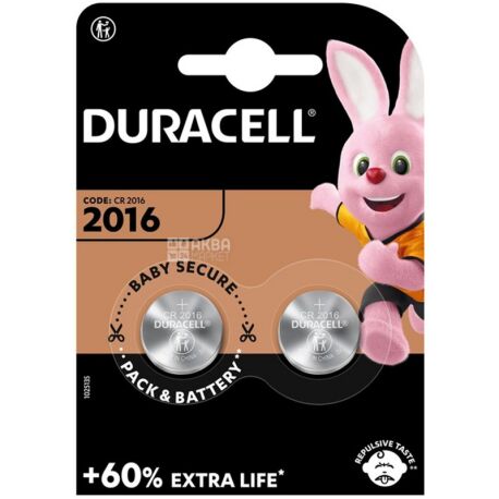 Duracell, 2 шт., 3V, Батарейка литиевая, круглая, CR2016