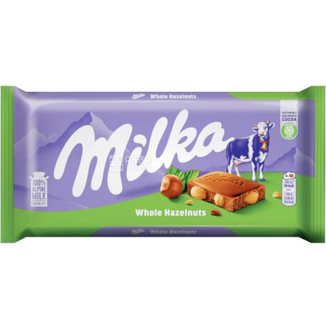 Milka, 100 г, Молочный шоколад, с цельным лесным орехом