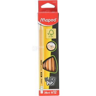  Maped, 2B, Набір графітових олівців з ластиком, 12 шт.