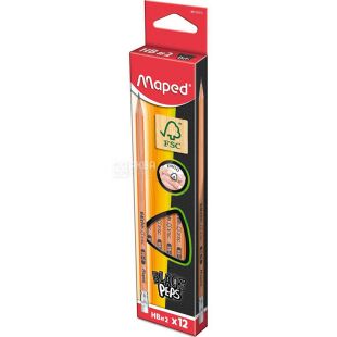 Maped, НВ, Набір графітових олівців з ластиком, 12 шт.