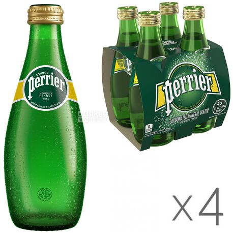 Perrier, Упаковка 4 шт. х 0,33 л, Перье, Вода минеральная газированная, стекло