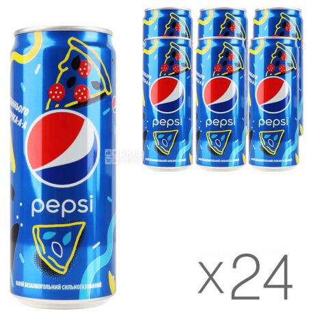 Pepsi-Cola, Упаковка 24 шт. по 0,33 л, Пепсі-Кола, Класична, Вода солодка, ж/б