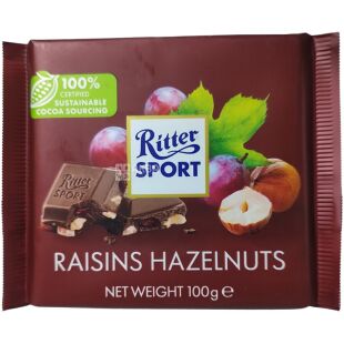 Ritter Sport, 100 г, Ритер Спорт, Шоколад молочный с фундуком и изюмом