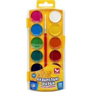Школярик, Краски акварельные медовые, с кисточкой, 12 цветов