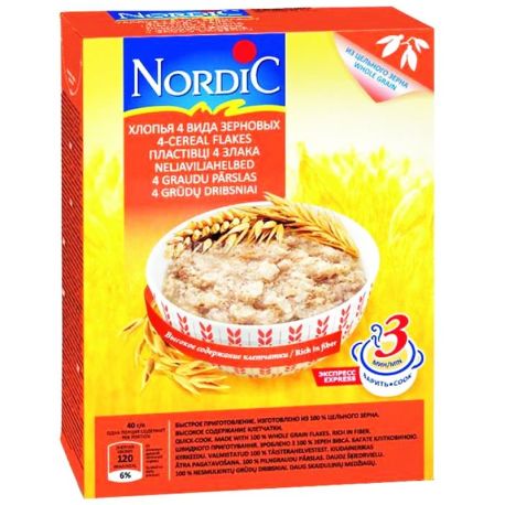 Nordic, 600 г, Хлопья Нордик, 4 вида зерновых с овсяными отрубями, из цельного зерна