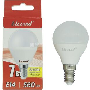 Lezard, LED GLOB A45, Лампа светодиодная, цоколь E14 , 7W, 4200K, нейтральное белое свечение, 560 Lm