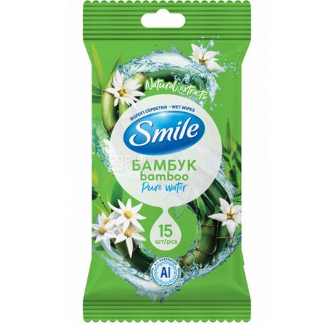 Smile, 15 шт., Серветки вологі Бамбук, для догляду за шкірою