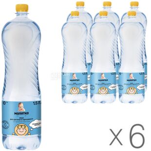 Малятко, 1,5 л, Упаковка 6 шт., Вода детская негазированная, с первых дней жизни, ПЭТ