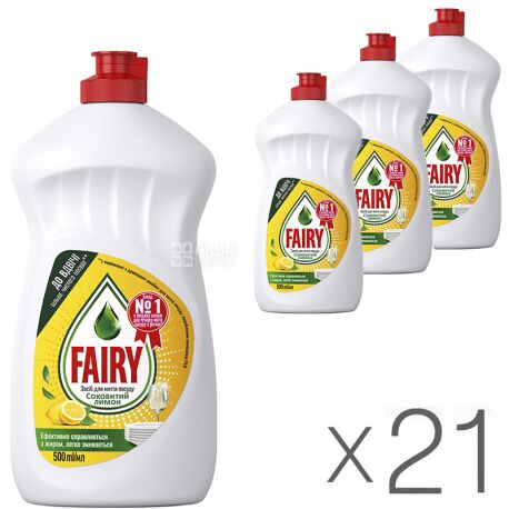 Fairy, Лимон, 500 мл, Упаковка 21 шт., Рідкий засіб для миття посуду