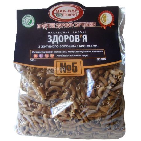 Мак-Вар Экопродукт №5, 500 г, Макароны ржаные с отрубями, Здоровье