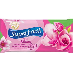 Superfresh Flower, 15 шт., СуперФреш, Серветки вологі з квітковим ароматом, кишенькові