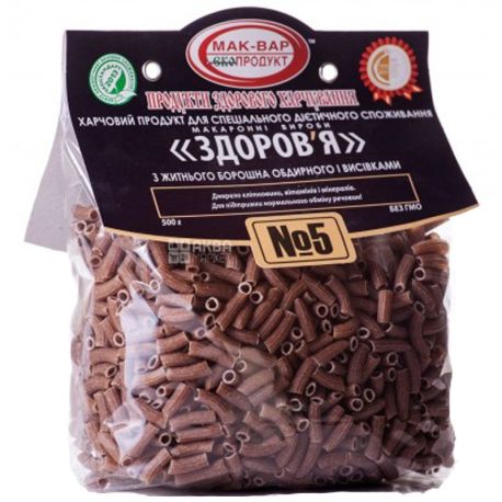 Мак-Вар Экопродукт №5, 500 г, Макароны ржаные с отрубями, Здоровье