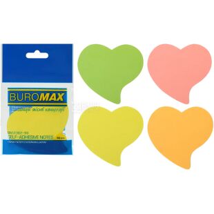 Buromax, 50 аркушів, Буромакс, Папір для нотаток Серце, асорті, з клейким шаром, 75х75 мм