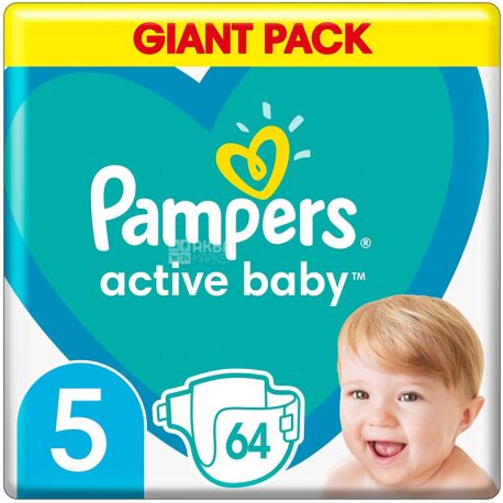 Pampers Active Baby-Dry Junior, Giant Pack, 64 шт., Памперс, Подгузники, Размер 5, 11-16 кг