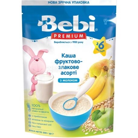 Bebi Premium, 200 г, Каша молочна, Фруктово-злакове асорті, З 6-ти місяців